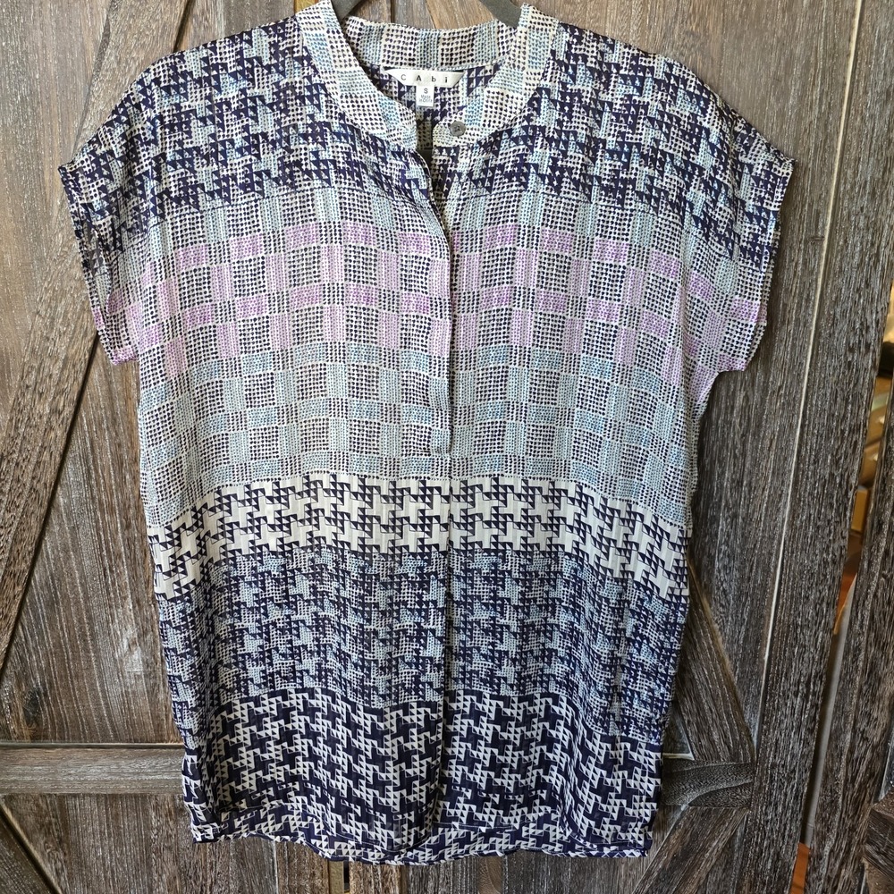 Cabi Shirt Women's Size Small Blue & Purple Geometric Print Mandarin Collar